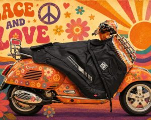 Vespa GTS 250 with a black Tucano Urbano Termoscud leg cover in a retro peace and love poster style illustration.