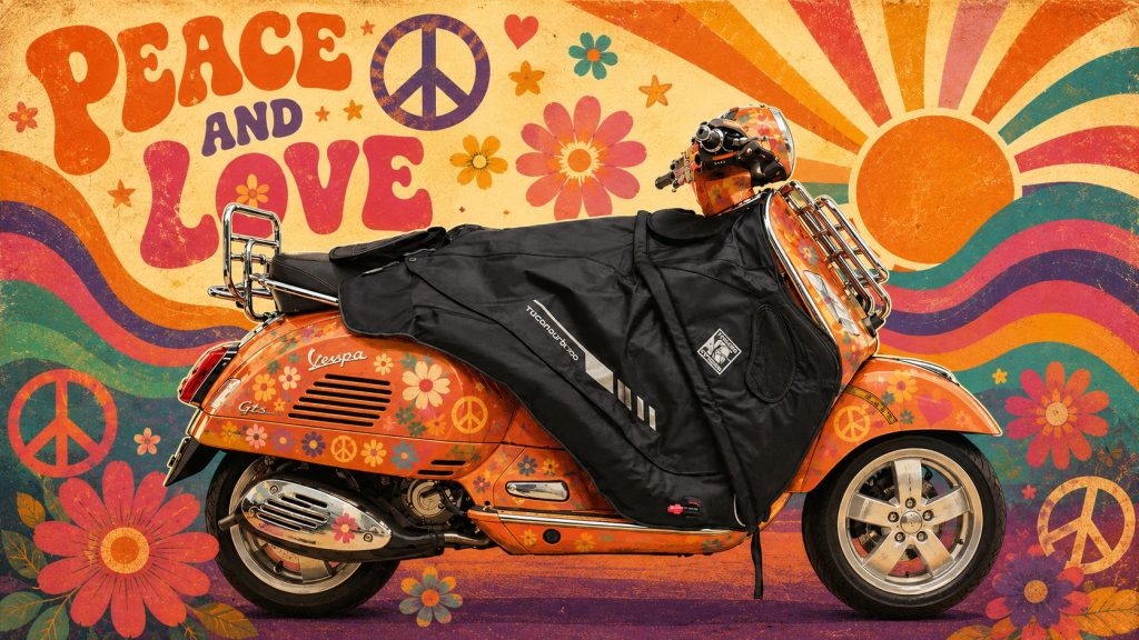 Vespa GTS 250 with a black Tucano Urbano Termoscud leg cover in a retro peace and love poster style illustration.