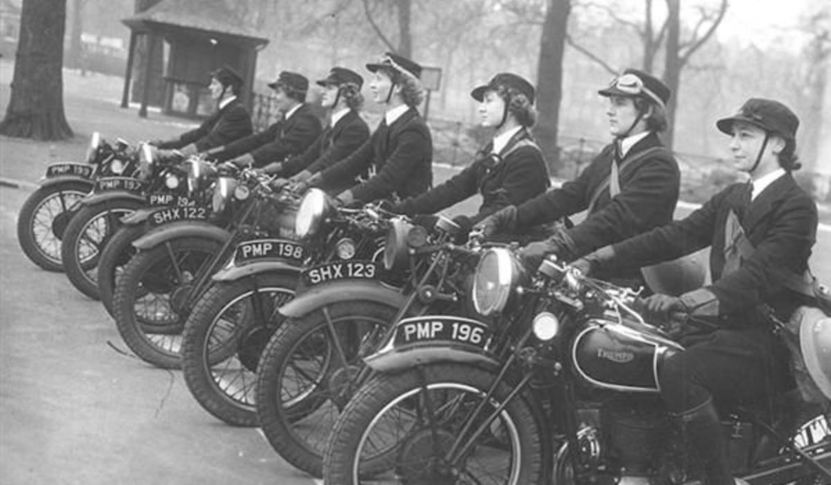 WRNS Despatch Riders on their Triumph motorcycles