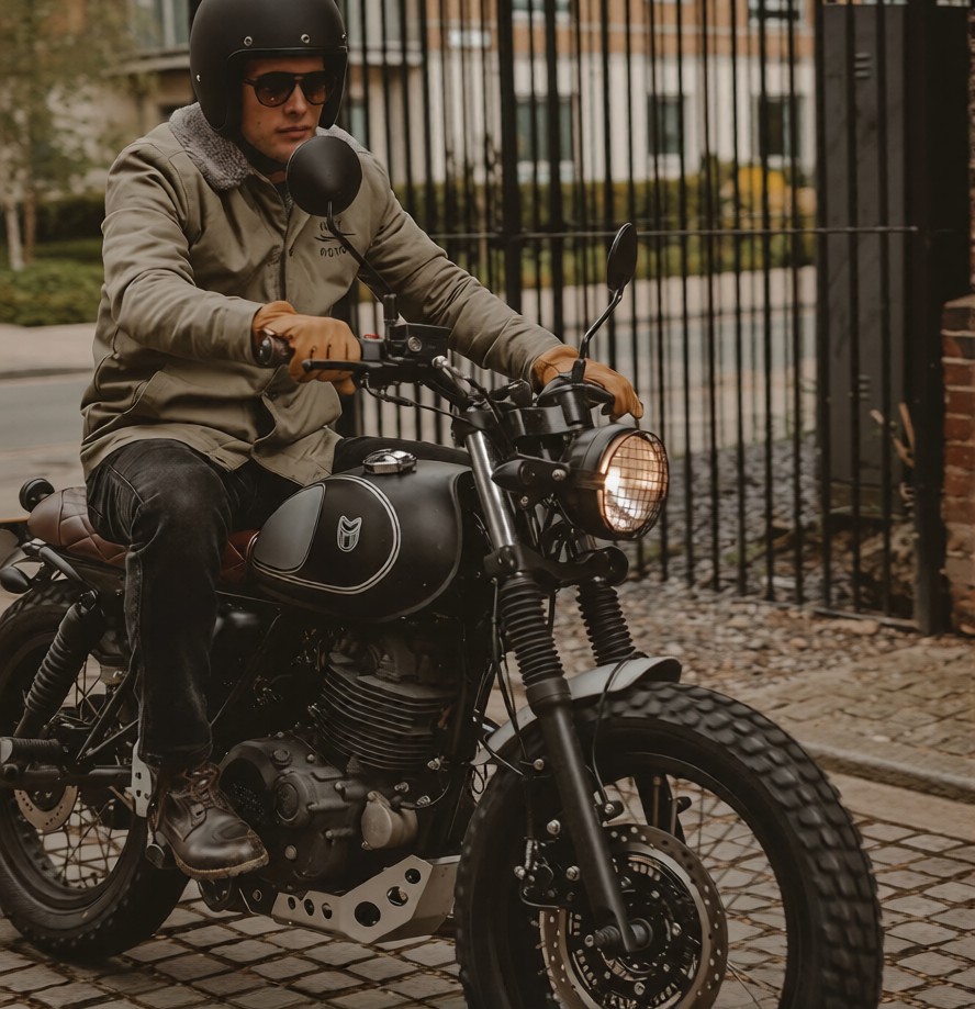 Man riding Mutt motorcycle through city street