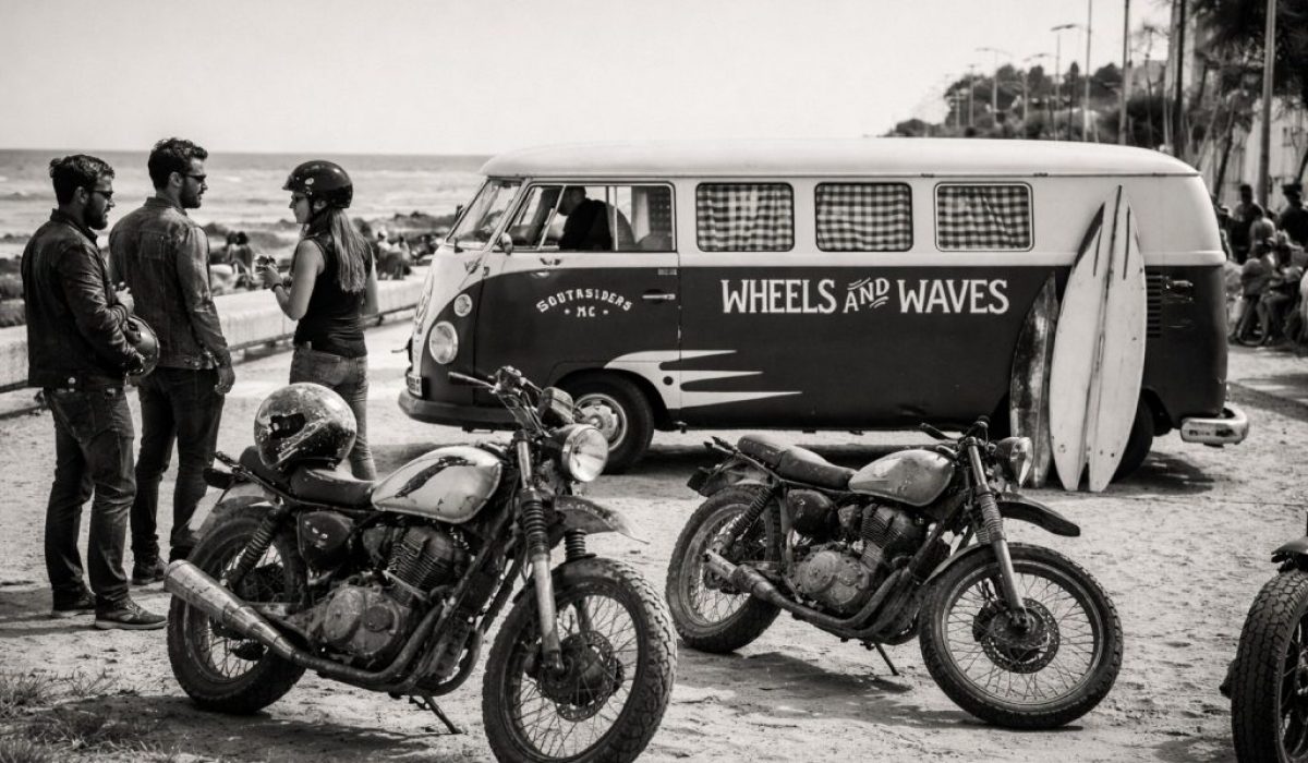 black and white photo vintage vw van wheels and waves biarritz surfers motorcycles riders coastal scene