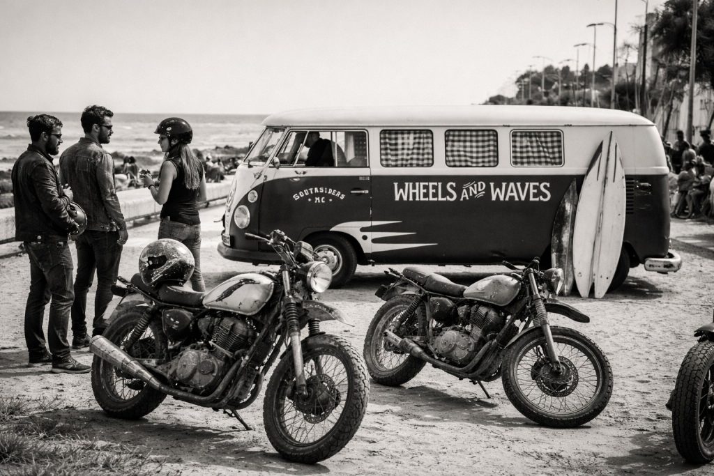 black and white photo vintage vw van wheels and waves biarritz surfers motorcycles riders coastal scene