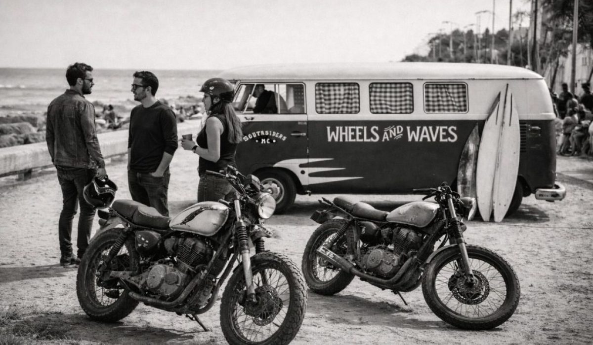 black and white photo vintage vw van wheels and waves biarritz surfers motorcycles riders coastal scene