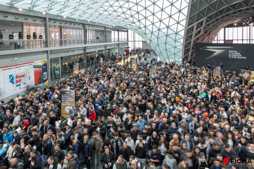 Crowds of visitors inside the EICMA motorcycle show at Fiera Milano in Milan