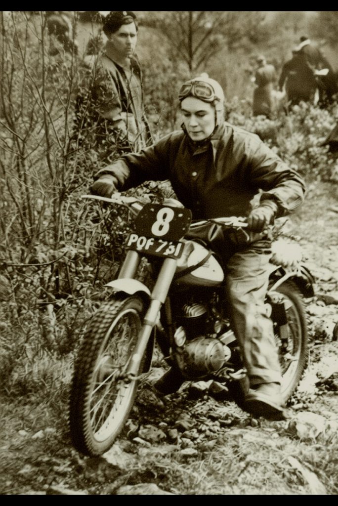 Olga Kevelos rides her BSA Bantam on the opening day of the 1958 Scottish Six Days Trial.