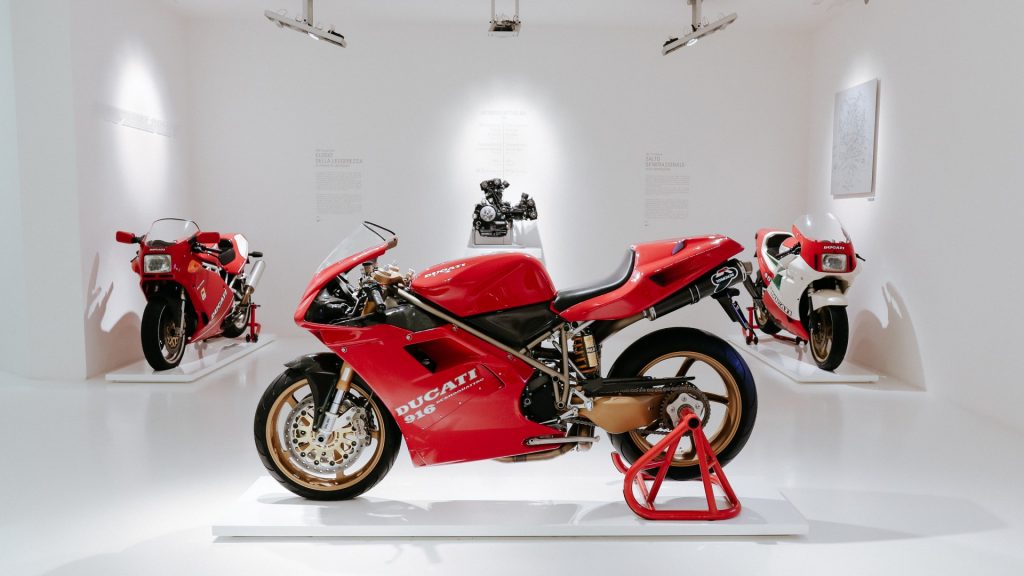 Ducati 916 motorcycle owned by designer Massimo Tamburini on display at the Ducati Museum in Bologna, Italy.