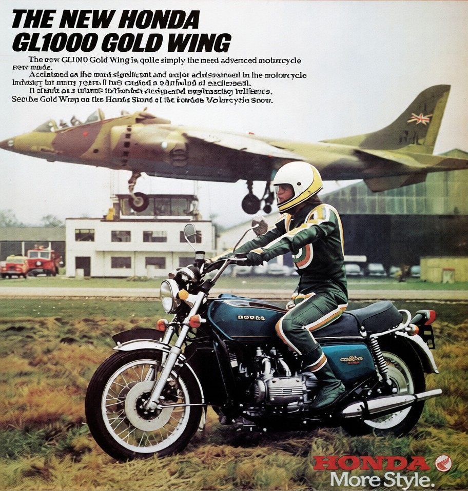 Early Honda Gold Wing GL1000 touring motorcycle with exposed flat-four engine and minimal bodywork.