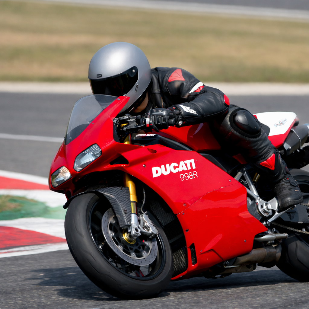 Ducati 998R superbike on a racetrack.