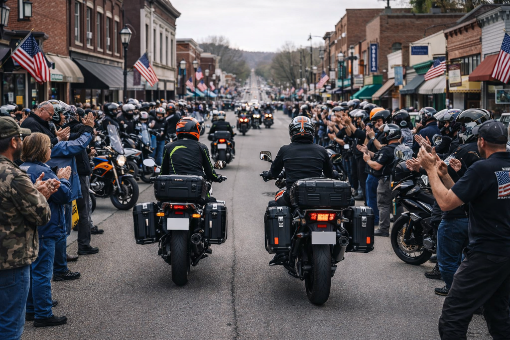 motorcycle riders entering small town rally street lined with riders and crowd panniers touring bikes