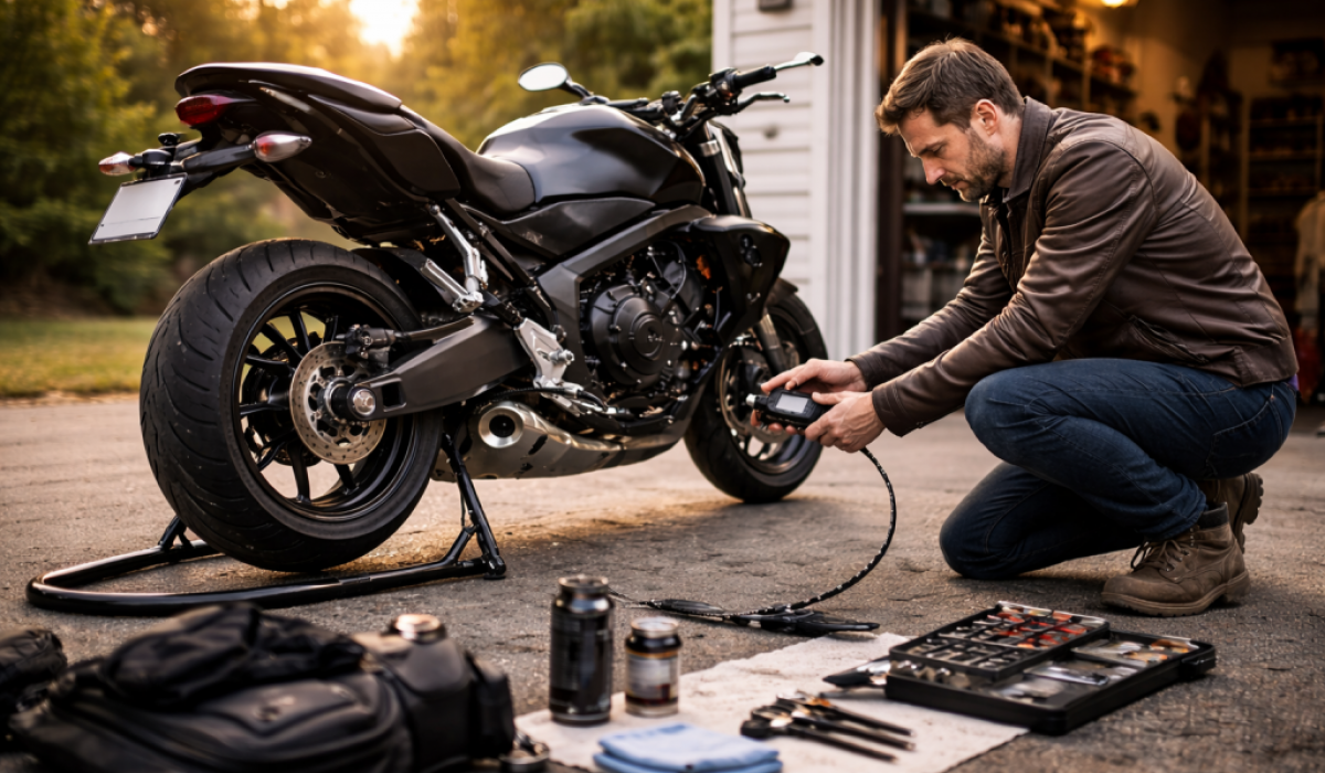 Rider performing early-season maintenance checks on a modern naked motorcycle in a driveway before the first ride of spring.