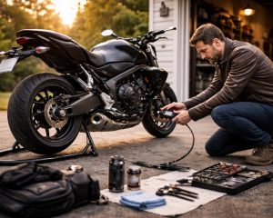 Rider performing early-season maintenance checks on a modern naked motorcycle in a driveway before the first ride of spring.