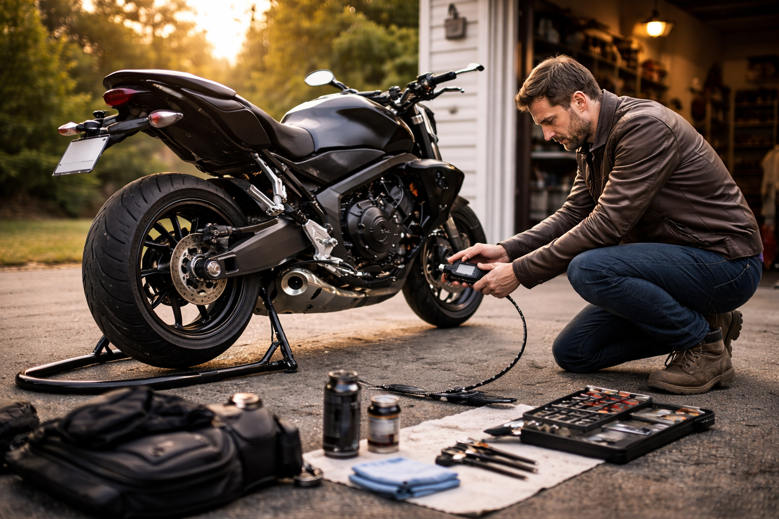 Rider performing early-season maintenance checks on a modern naked motorcycle in a driveway before the first ride of spring.