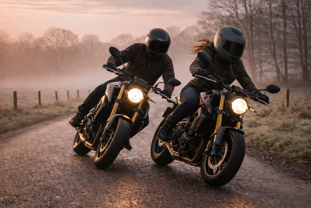 Two motorcyclists, a man and a woman, riding middleweight naked motorcycles and banking left into a misty rural turn at sunrise in early spring.