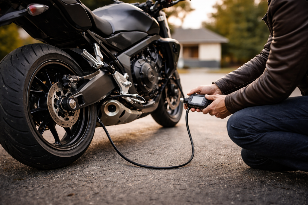 Rider kneeling in a driveway checking tyre pressure on a modern naked motorcycle using a digital gauge.