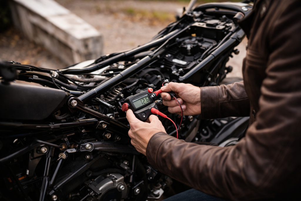 Rider testing the battery voltage of a modern naked motorcycle with a multimeter during early-season maintenance in a driveway.