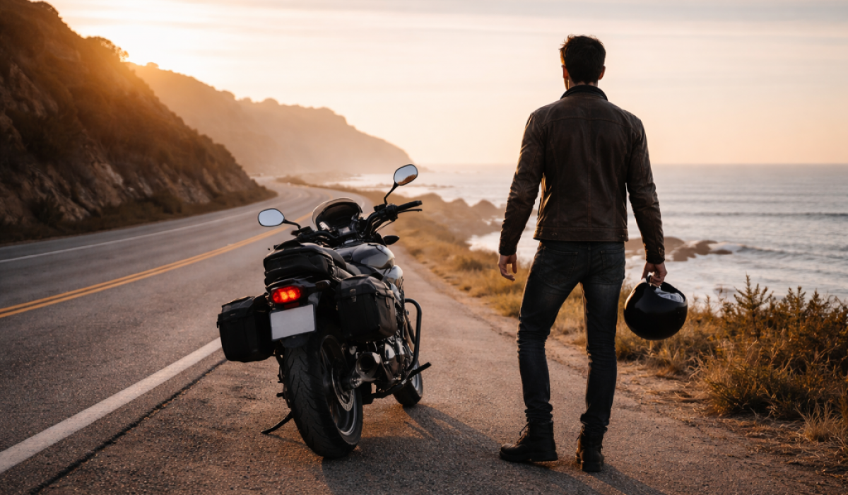 Motorcycle rider standing beside bike on a winding road at sunrise