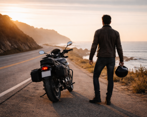 Motorcycle rider standing beside bike on a winding road at sunrise