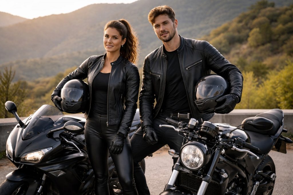 motorcyclists standing beside motorcycles on coastal road at sunrise preparing for first ride