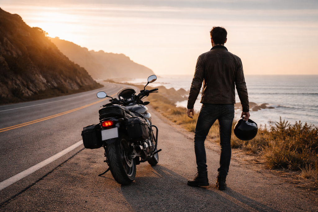 Motorcycle rider standing beside bike on a winding road at sunrise