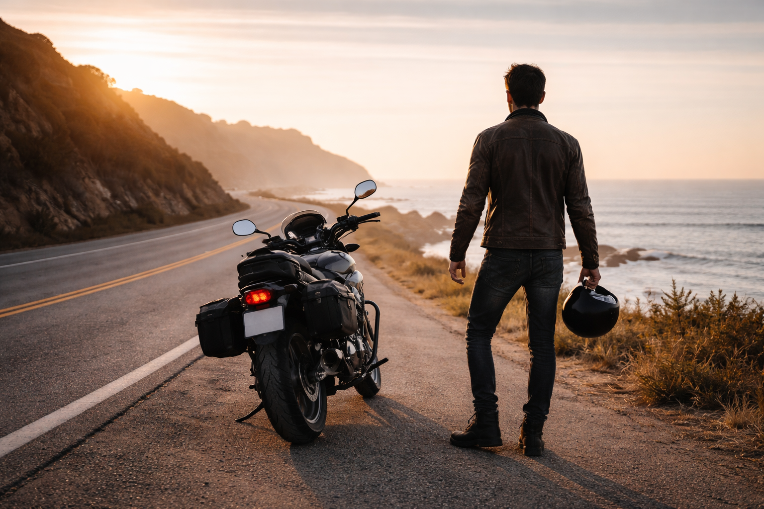 Motorcycle rider standing beside bike on a winding road at sunrise