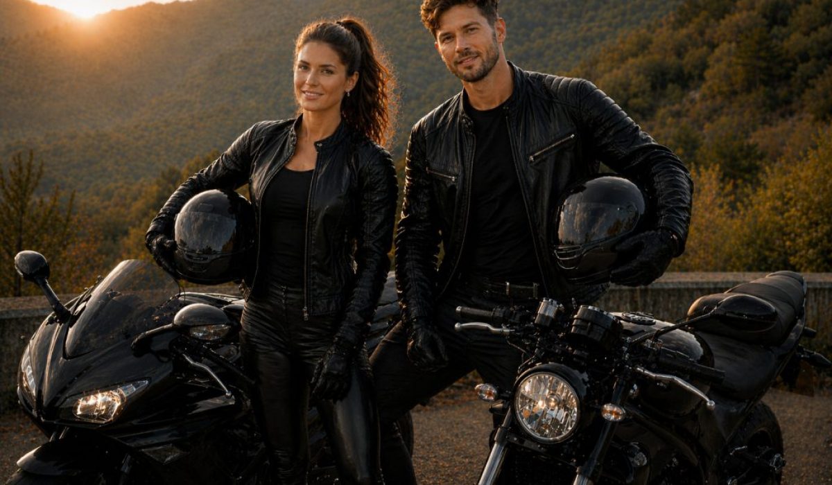 motorcyclists standing beside motorcycles on coastal road at sunrise preparing for first ride