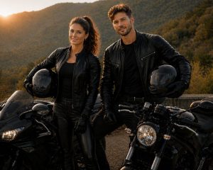 motorcyclists standing beside motorcycles on coastal road at sunrise preparing for first ride
