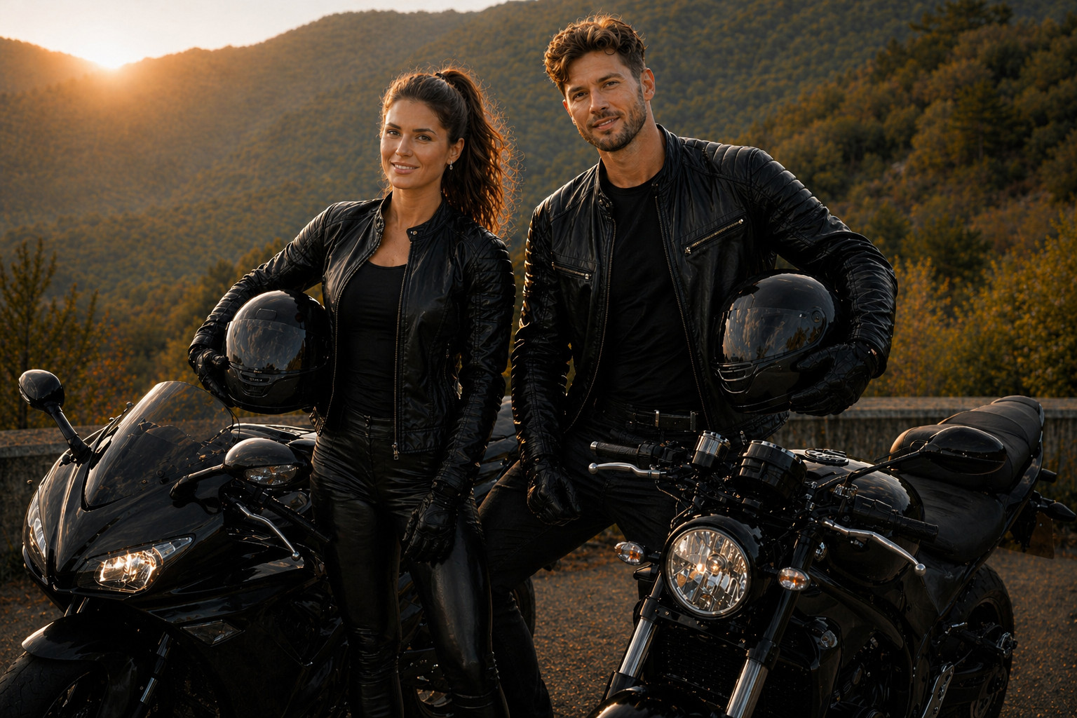 motorcyclists standing beside motorcycles on coastal road at sunrise preparing for first ride