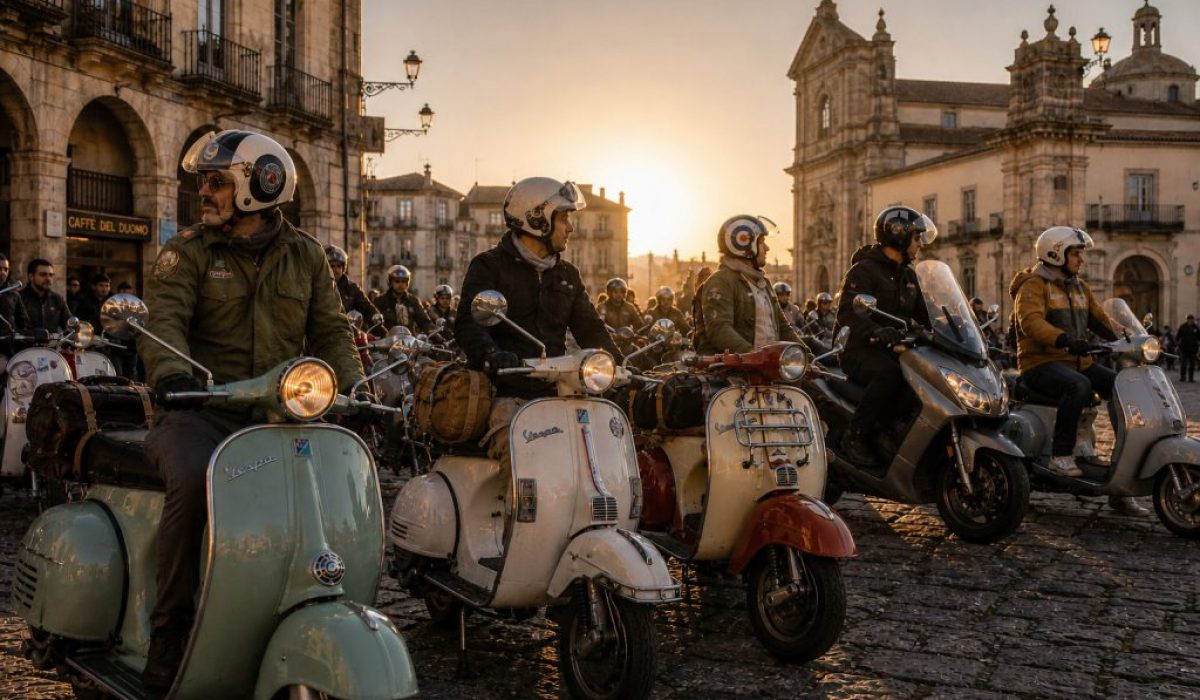 Vintage Vespa and Lambretta scooters gathered for a European scooter rally in a historic town square.