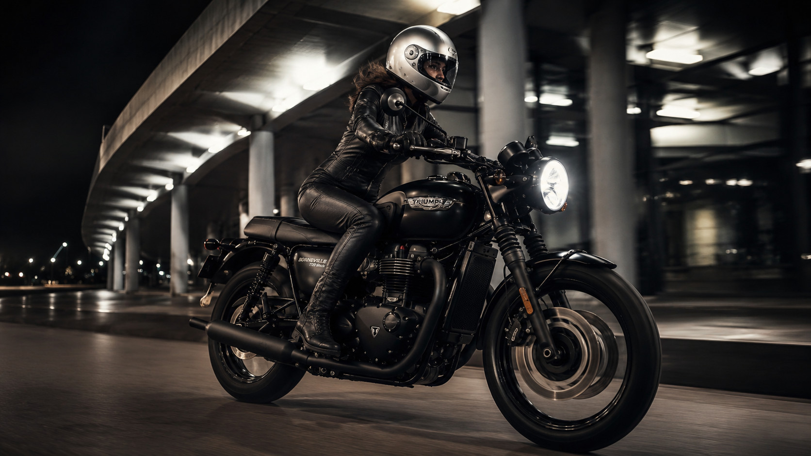 Female rider in a one-piece leather suit beside a black Triumph Bonneville T120-style motorcycle under urban night lights.