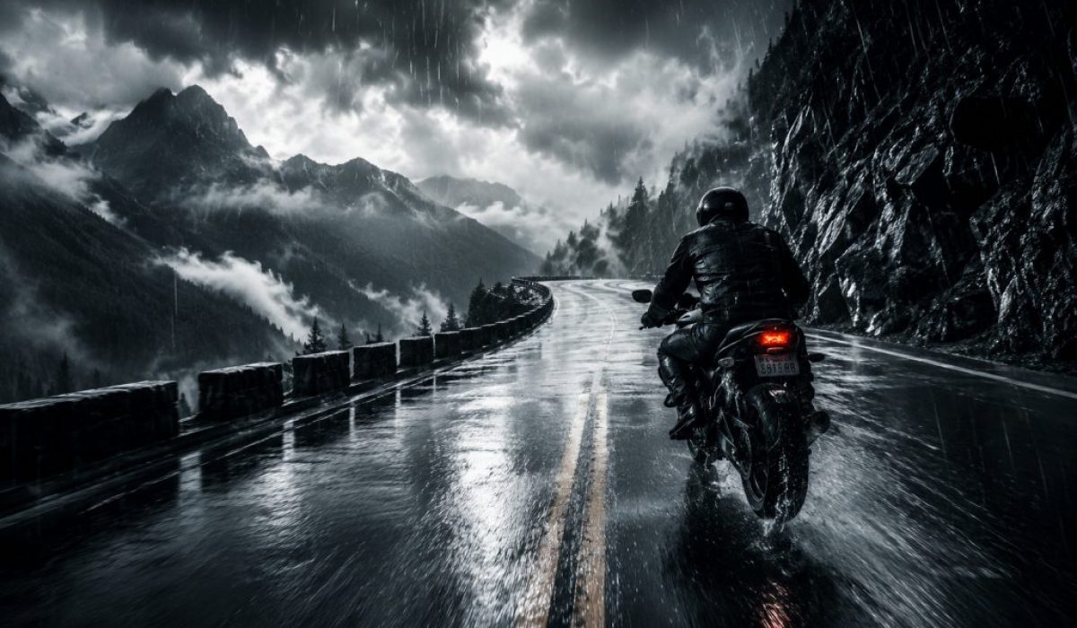 Motorcyclist riding through heavy rain on a dark mountain road, reflecting the focus and calm described in a UCLA-linked motorcycle riding study.