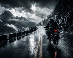 Motorcyclist riding through heavy rain on a dark mountain road, reflecting the focus and calm described in a UCLA-linked motorcycle riding study.