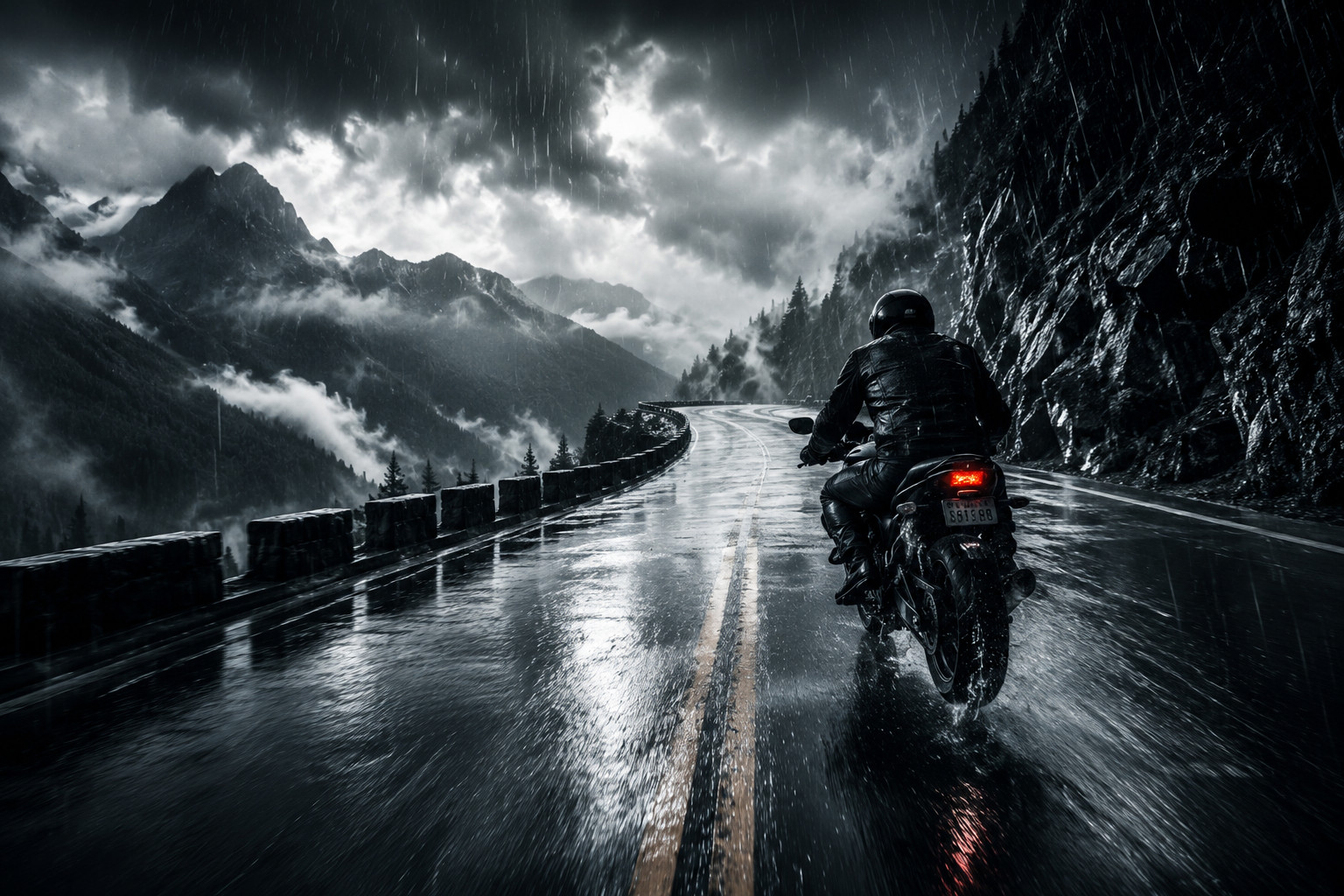 Motorcyclist riding through heavy rain on a dark mountain road, reflecting the focus and calm described in a UCLA-linked motorcycle riding study.