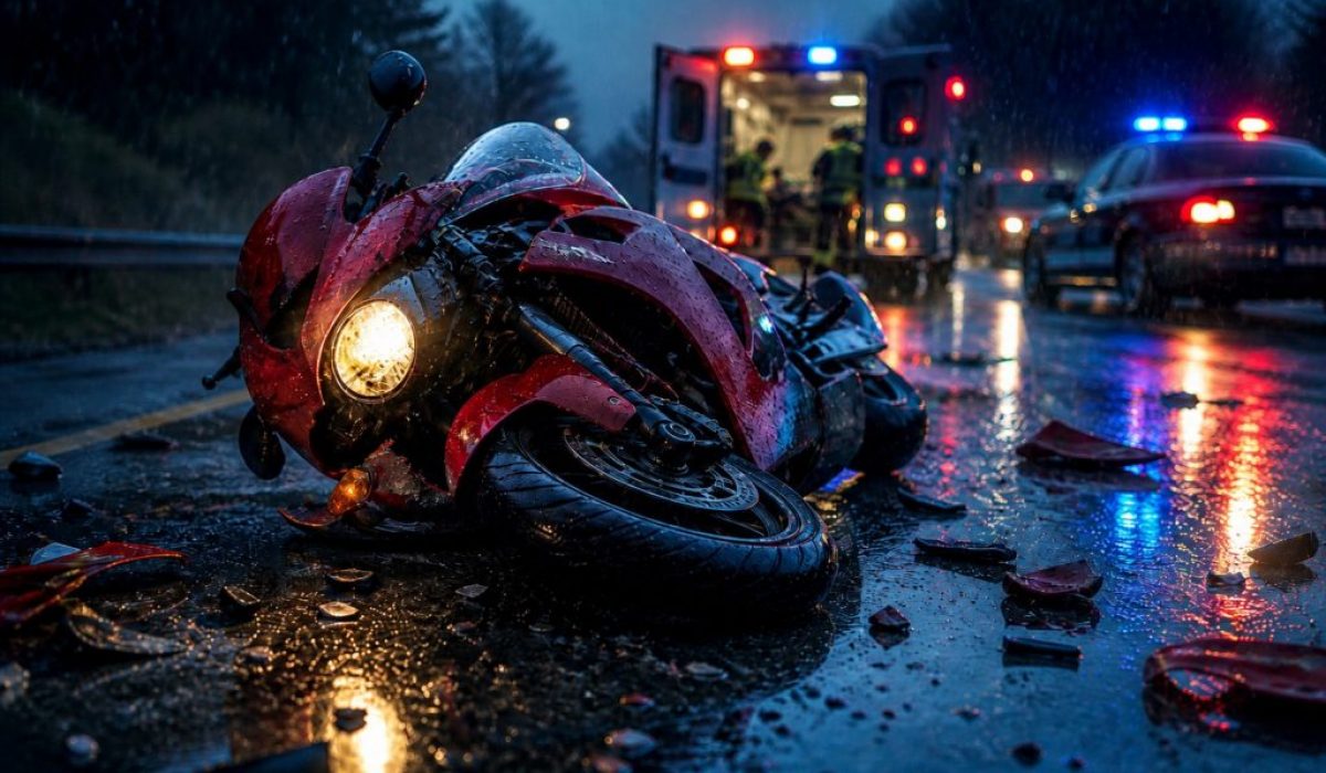 Sports motorcycle lying on a wet road in falling rain at dusk, with police car and ambulance lights reflecting on the slick pavement.