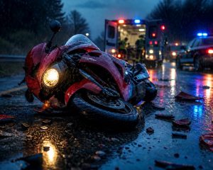 Sports motorcycle lying on a wet road in falling rain at dusk, with police car and ambulance lights reflecting on the slick pavement.