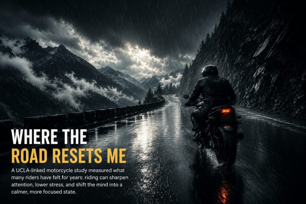 Motorcyclist riding through heavy rain on a dark mountain road, reflecting the focus and calm described in a UCLA-linked motorcycle riding study.
