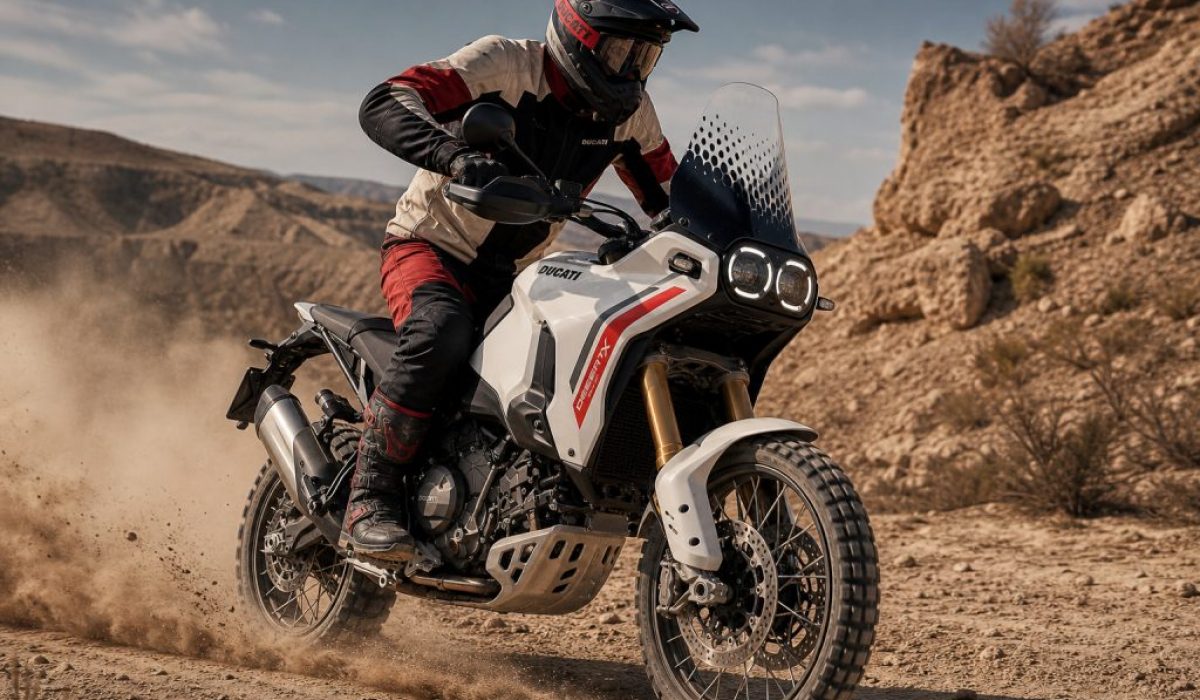 Rider on Ducati DesertX V2 adventure motorcycle navigating rugged desert terrain in official white and red rally-inspired livery.