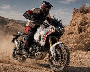 Rider on Ducati DesertX V2 adventure motorcycle navigating rugged desert terrain in official white and red rally-inspired livery.