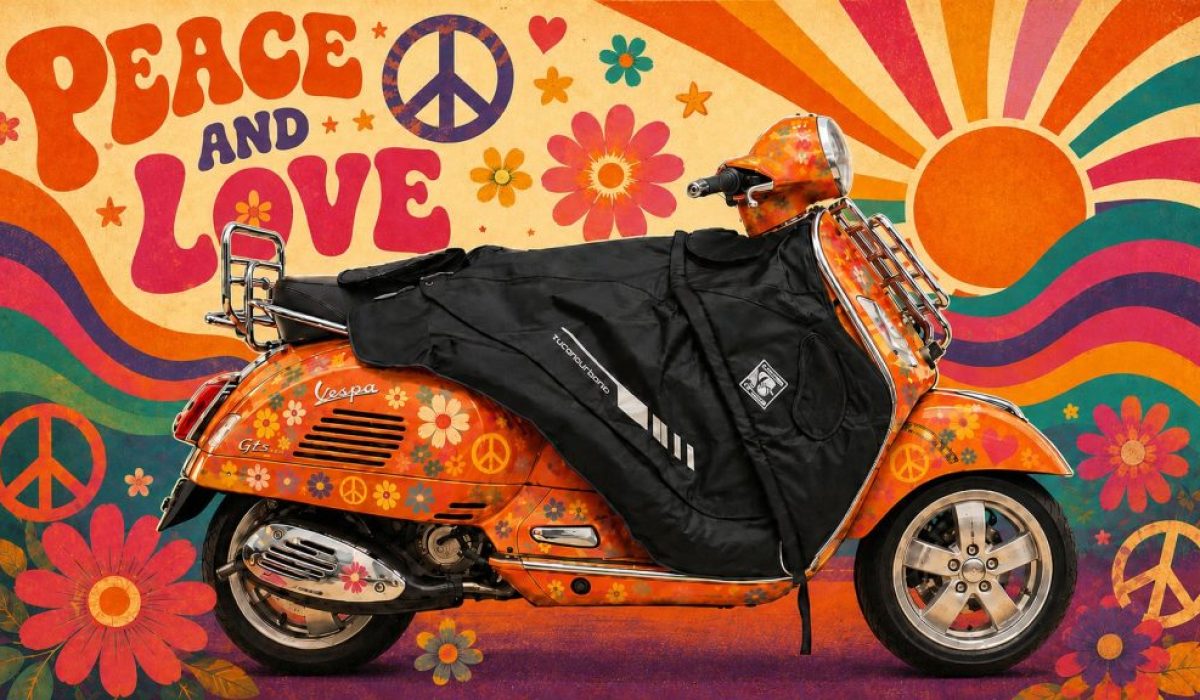 Vespa scooter with a black leg cover for warmer, more comfortable riding in cool and windy weather.